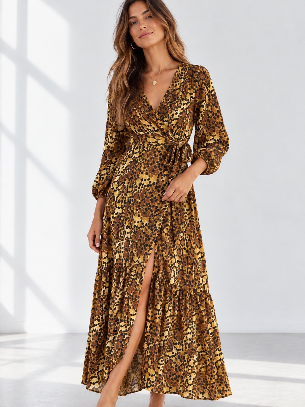 Carolina K Anthropologie Saffron Leopard Wrap Maxi Dress Large
